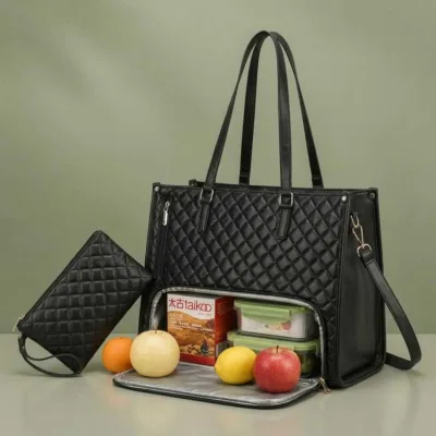 Premium Women's Lunch Tote & Matching Pouch Set – Black, Maroon, Cream & Pink